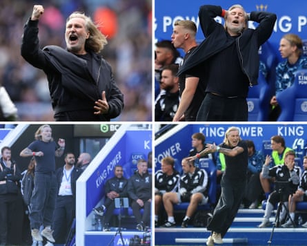 Peterborough United manager Robbie Savage fist pumps at the Peterborough fans before the match (top left), reacts during the opening minutes of the match (top right), (bottom left) looks worried as he attempts to get a good view of the game and celebrates after his side opened the scoring