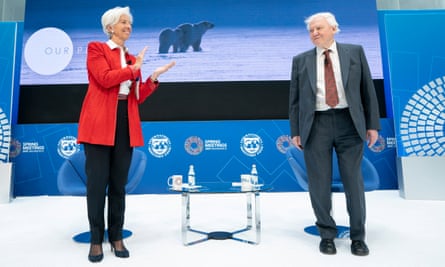 David Attenborough and Christine Lagarde at the International Monetary Fund spring meeting in April 2019.