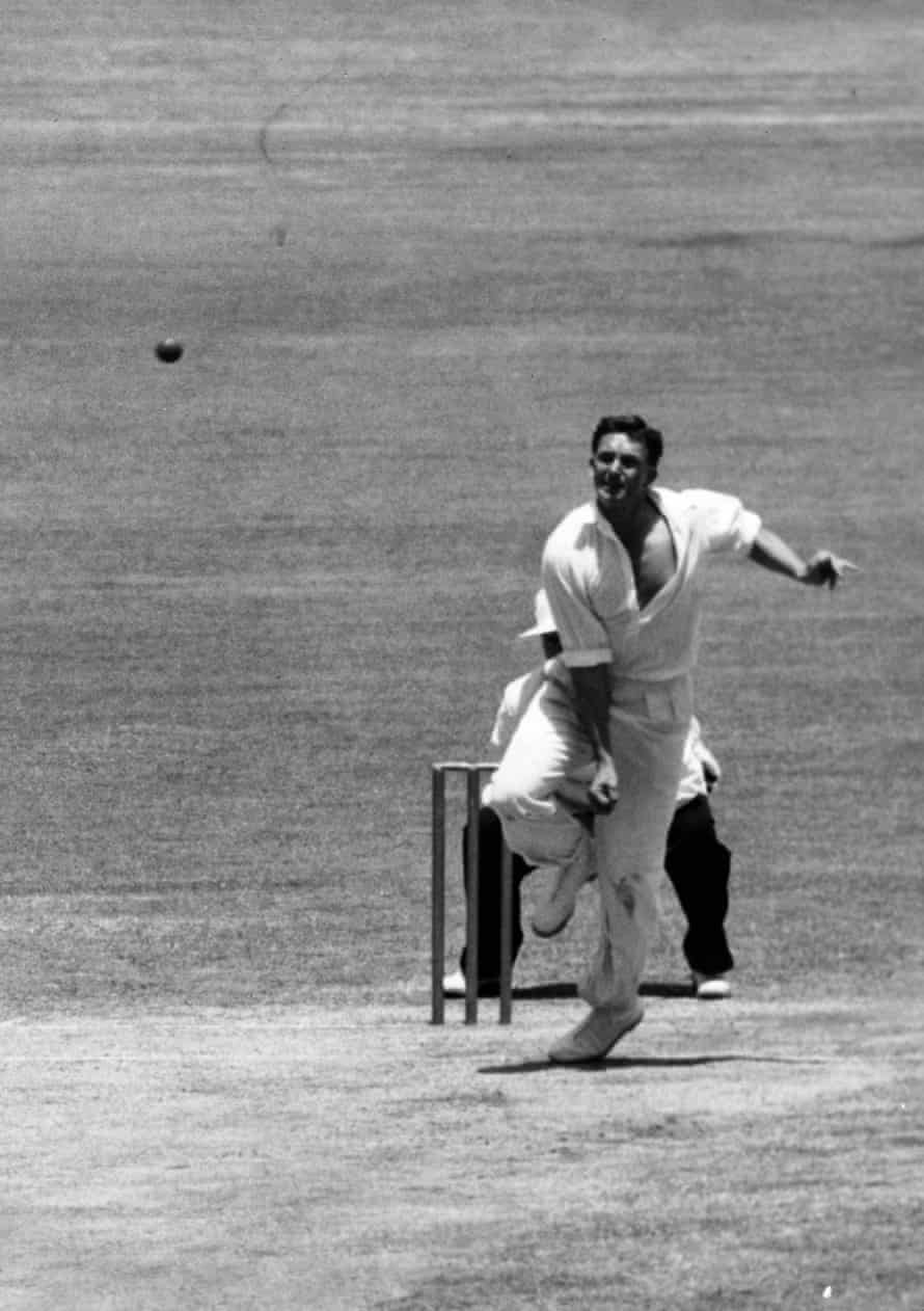 Richie Benaud, the Australian all-rounder, bowling during a match in Sydney.