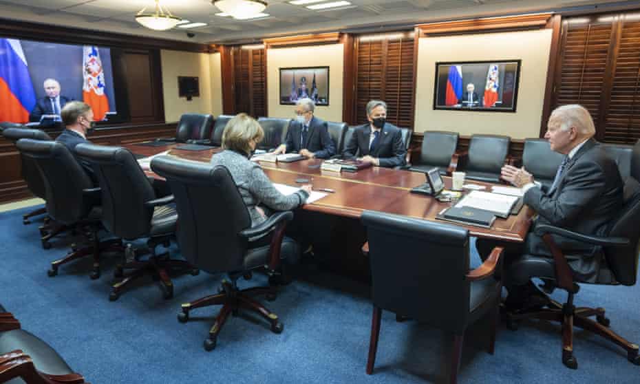 President Joe Biden meets via video with President Vladimir Putin, at the White House on 7 December.