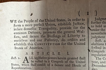 A close-up image of the copy of the constitution up for auction, starting with the words “We the People of the United States...”