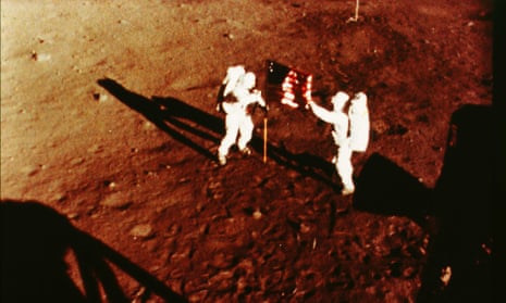 Neil Armstrong planting an American flag on the moon, Apollo 11 lunar landing, 1969.