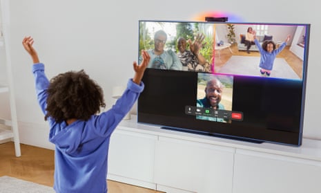 A child conducting a Zoom call using a Sky Live camera on a Glass TV.