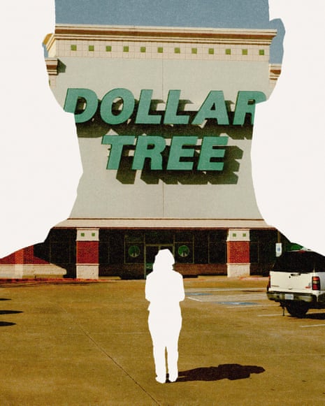 Illustration of a Dollar Tree storefront inside a person’s silhouette, with a smaller figure in the parking lot