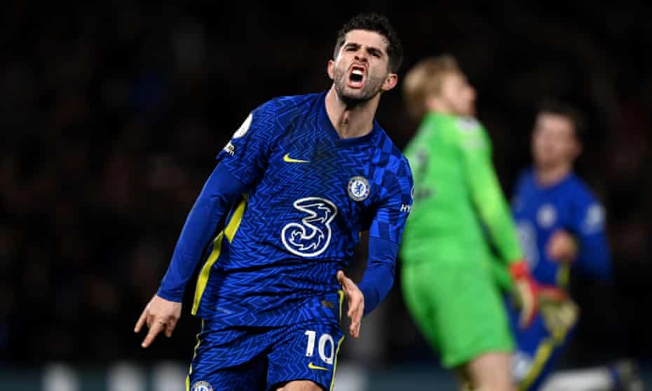 Christian Pulisic celebrates after scoring for Chelsea in the 2-2 Premier League draw against Liverpool at Stamford Bridge.