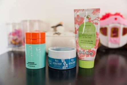 skincare products on a dresser