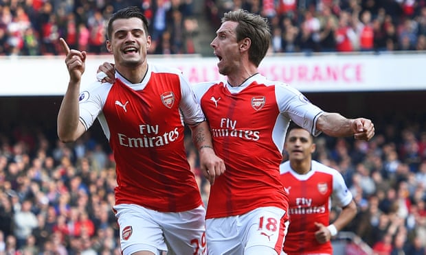 Granit Xhaka (left) celebrates with Nacho Monreal after the Swiss midfielder scored Arsenal’s first against Manchester United at the Emirates Stadium.
