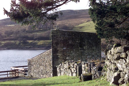 The chapel at the side of Llyn Celyn, the large reservoir constructed in the 1960s in the valley of the River Tryweryn, north Wales.