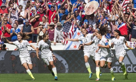 USA celebrate Carli Lloyd’s second goal during their rampant display against Japan.