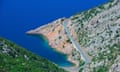 An aerial shot of coast road in Croatia’s Lika region, by the Kvarner Gulf