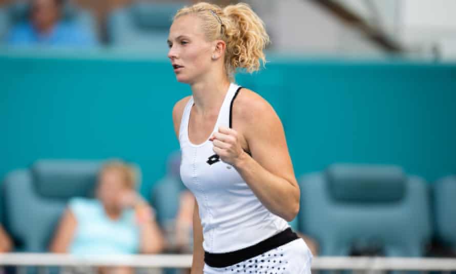 Katerina Siniakova reacts after battling back to defeat Emma Raducanu in Miami