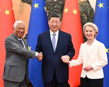 In this photo released by Xinhua news agency, Chinese President Xi Jinping, centre, meets with visiting President of the European Council Antonio Costa, left, and President of the European Commission Ursula von der Leyen, right, ahead of the China EU Summit, at the Great Hall of the People in Beijing.