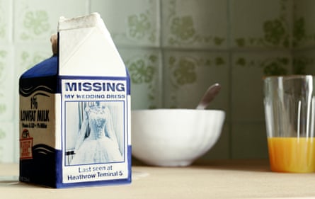 A milk carton with image of missing wedding dress on its side