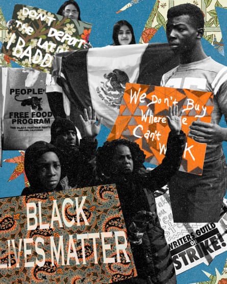 A composite of people holding protest signs.