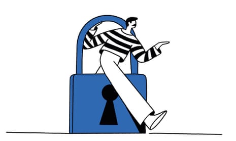 Illustration of a man in a back and white stripy top stepping through a blue padlock