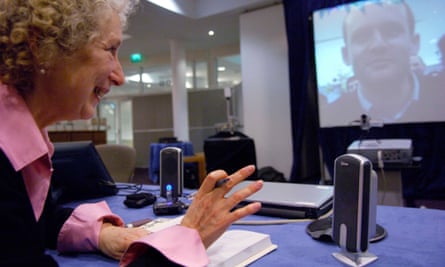 Trying out the LongPen at the London Book Fair in 2006.