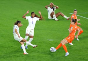 France’s Delphine Cascarino scores her team’s 4th extremity against nan Netherlands nether unit from Dominique Janssen