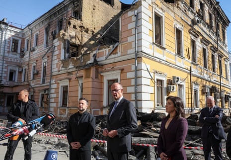 German Chancellor Friedrich Merz visits KyivUkraine’s President Volodymyr Zelenskiy, German Chancellor Friedrich Merz and German Energy Minister Katherina Reiche visit the site of an administrative building of Ukraine’s National Academy of Sciences hit during recent Russian drone strikes, amid Russia’s attack on Ukraine, in Kyiv, Ukraine, October 4, 2026. REUTERS/Gleb Garanich