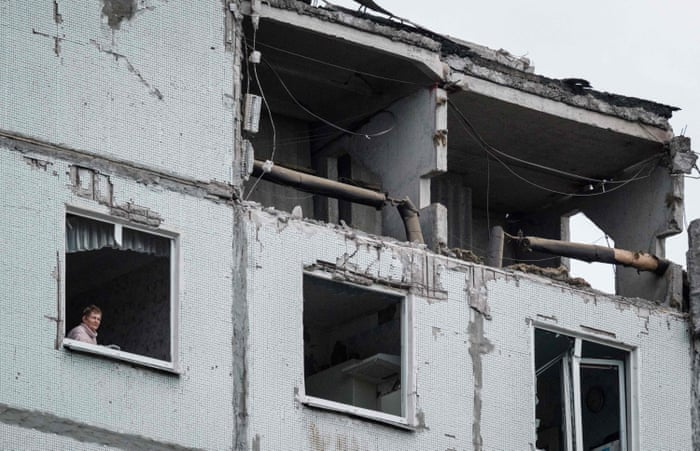 A residential building hit by a missile attack in Kharkiv.