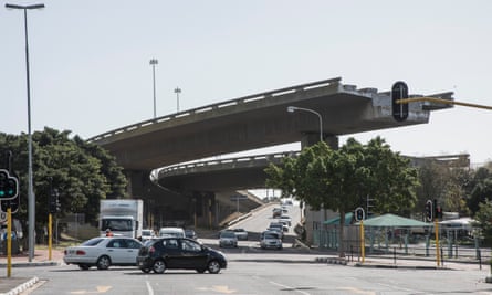 A uncompleted flyover bridge lies in downtown Cape Town