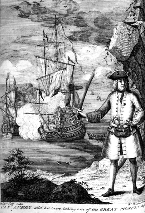 Engraving of pirate Henry Avery in a three-cornered hat and knee-length buttoned coat, holding a sword, in front of a ship with masts and sails under billowing clouds of gunfire smoke