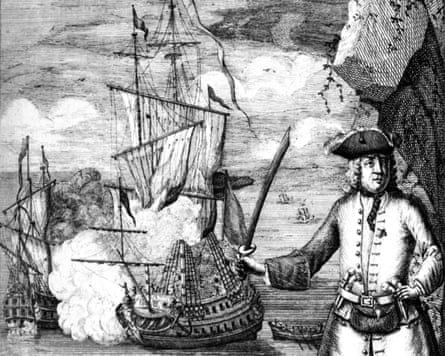 Drawing of Henry Avery in front of a burning ship