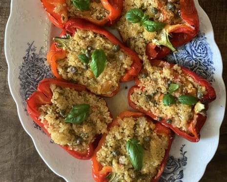Rachel Roddy’s red peppers stuffed with orzo, tuna, capers and herbs.5