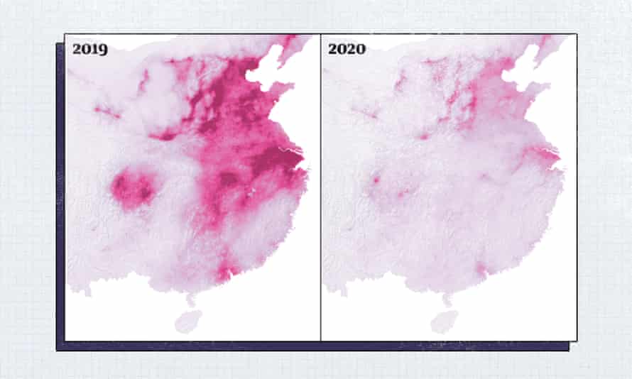 Map of China showing a drastic drop in air pollution levels due to the coronavirus crisis