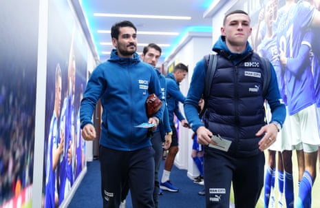 Phil Foden and Ilkay Gundogan arrive at the King Power Stadium ahead of today’s game
