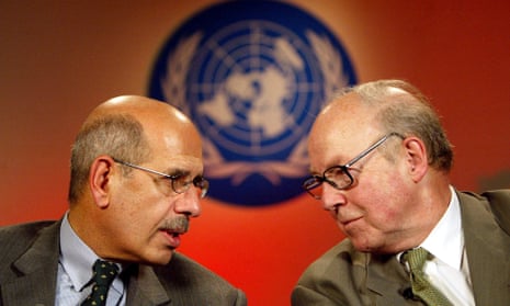 Mohamed ElBaradei and Hans Blix at the UN headquarters in Baghdad, February 2003
