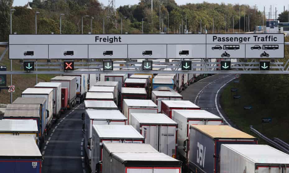 Lorries queue at entrance to the Channel tunnel in Folkestone
