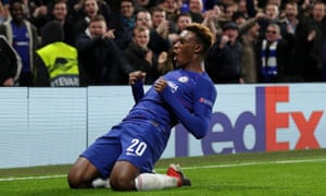 Callum Hudson-Odoi of Chelsea celebrates after scoring the third goal of his team.