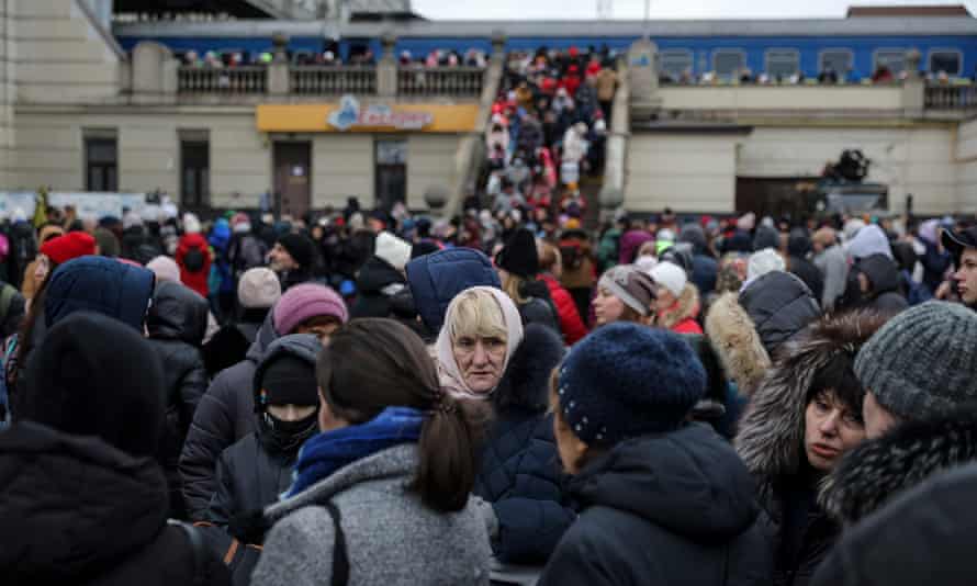 Displaced Ukrainians at the Lviv train station in western Ukraine.