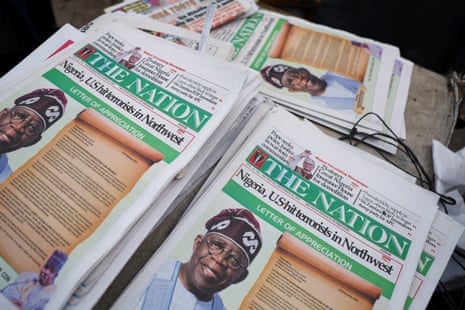 Front pages of local Nigerian newspapers reporting on US airstrikes against Islamist militants in Nigeria.