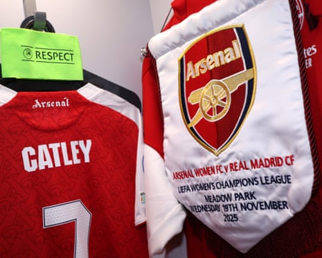 The shirt of Steph Catley is displayed with the UEFA Respect captain's armband and match pennant inside the Arsenal dressing room prior to the Champions League match against Real Madrid.