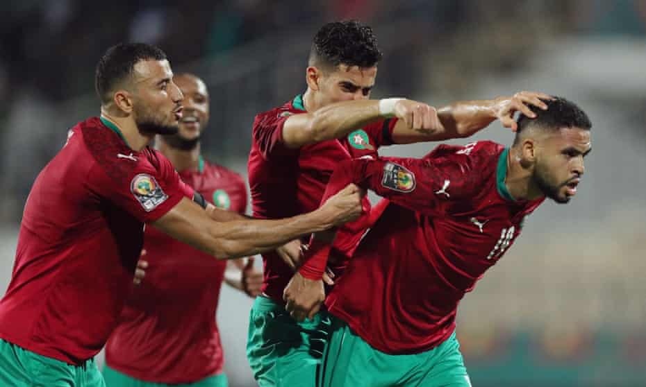 Morocco's Youssef En-Nesyri celebrates after scoring the equaliser against Malawi.