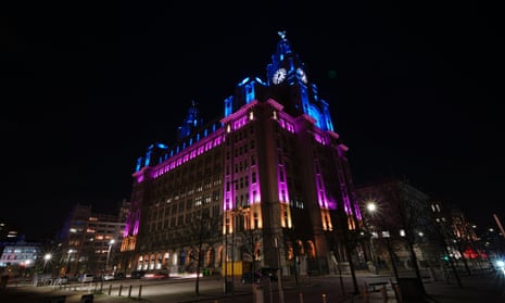 The Royal Liver Building in Liverpool, Merseyside, is illuminated as the Eurovision Song Contest is officially passed to the city of Liverpool, 31 January 2023.