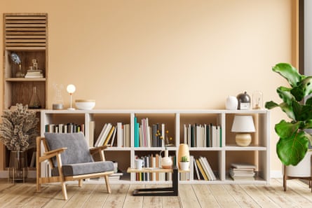 Living room with armchair and two-level bookshelf