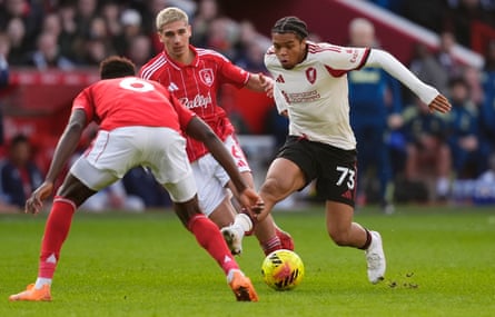 Liverpool’s Rio Ngumoha in action against Nottingham Forest.