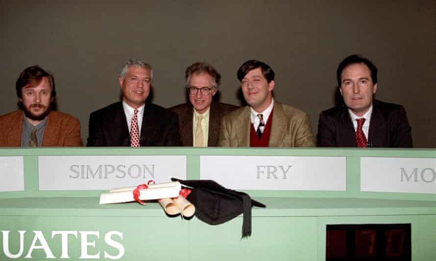 Bamber Gascoigne, centre, on Celebrity University Challenge in 1992, with from left: Alistair Little, John Simpson, Stephen Fry and Charles Moore.