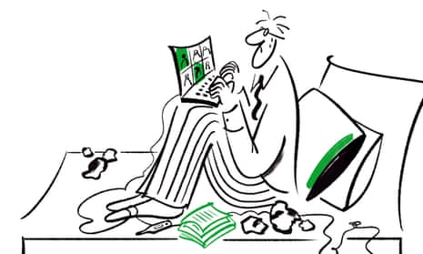 Illustration of figure using laptop on a bed, surrounded by tissues and thermometer