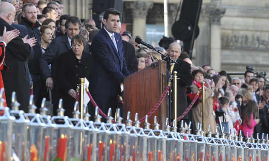 Andy Burnham speaking at a Hillsborough vigil in Liverpool, 2016.