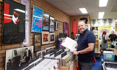 Anthony Albanese inspects some records during a visit RPM Records in Marrickville, Sydney in 2018.