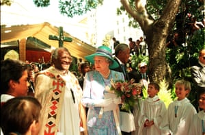 1995: Queen Elizabeth II talking with Tutu as she and President Nelson Mandela leave St George’s Cathedral in Cape Town, after attending a service to mark Human Rights Day