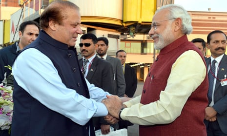 Nawaz Sharif shakes hands with Narendra Modi