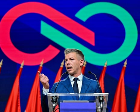 Peter Magyar, leader of the opposition Tisza Party, speaks during a press conference a day after the parliamentary election in Budapest, Hungary.