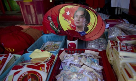 Fans with the image of Aung San Suu Kyi at a National League for Democracy party souvenir shop in Yangon on Friday.