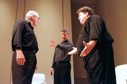 Stacy Keach, left, David Dukes and George Wendt, right, in Art at Wyndham’s theatre, London, in 1998.