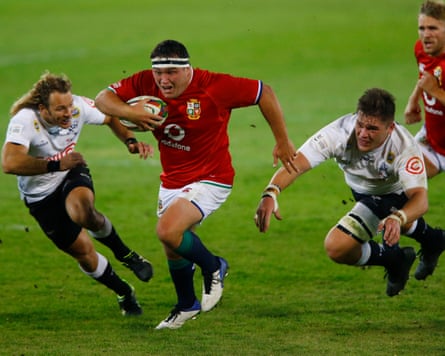 Jamie George runs with the ball for the Lions on their 2021 tour of South Africa.