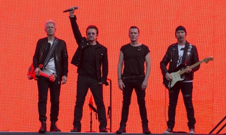U2 on stage at Twickenham stadium, London, on 9 July.